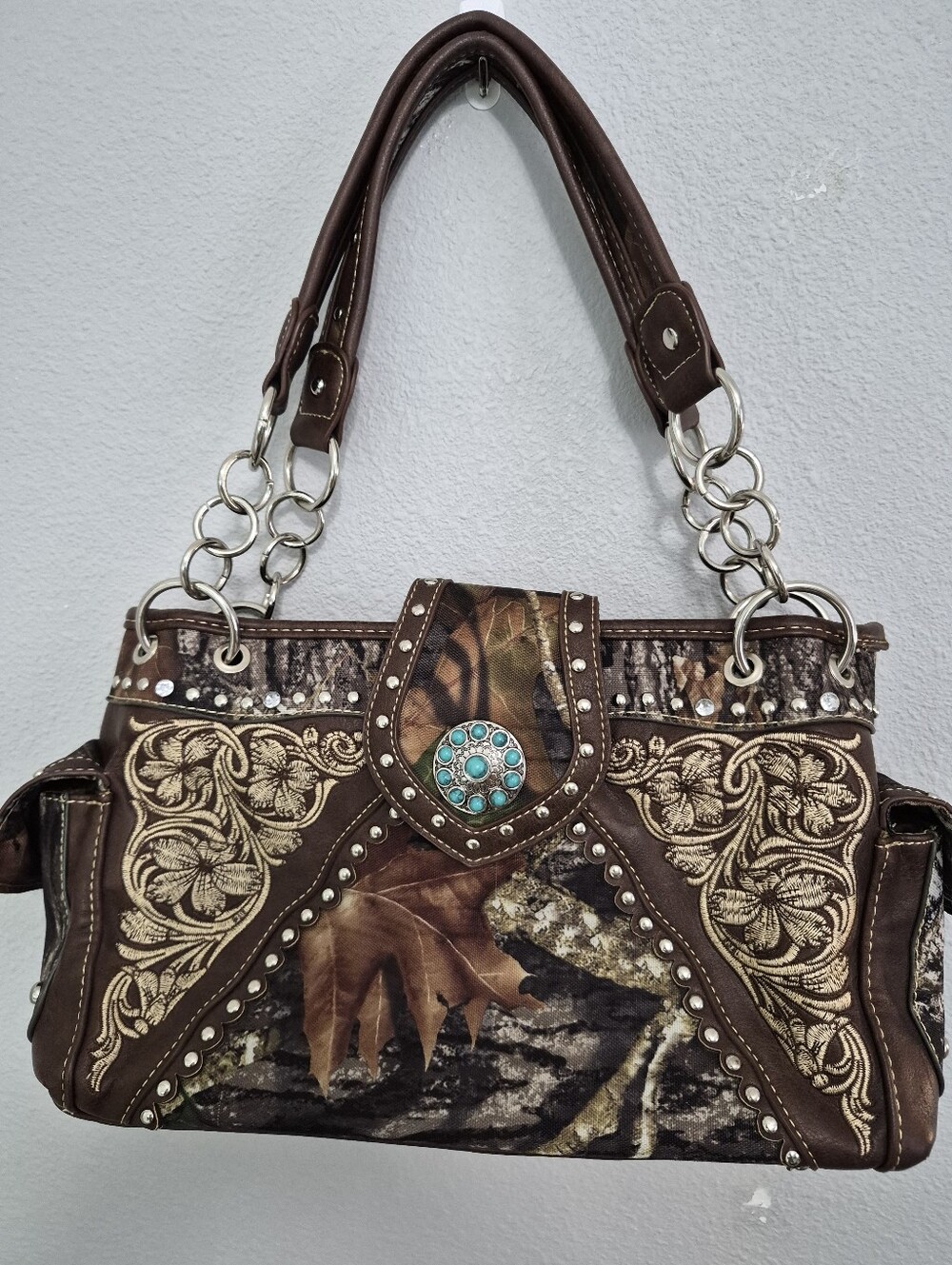 Western Camo Style Embroidered And Studded Shoulder Bag Brown